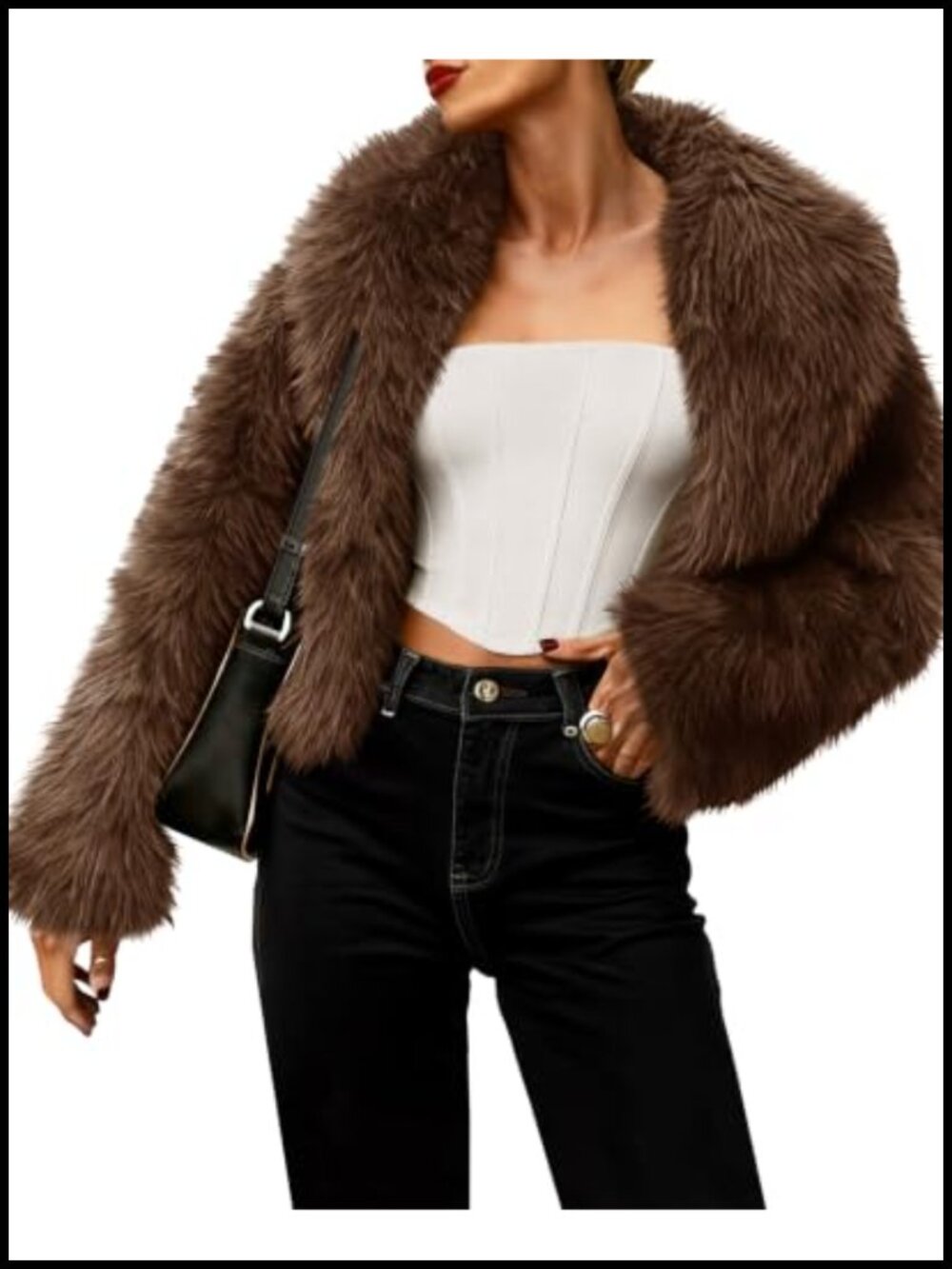 Womens Cropped Faux Fur Jacket Shaggy Fluffy Open Front Coat